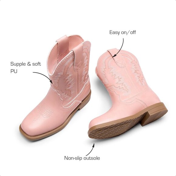 Kids Cowboy Boots Toddler Boys Girls Western Square Toe Mid Calf - Picture 4 of 6